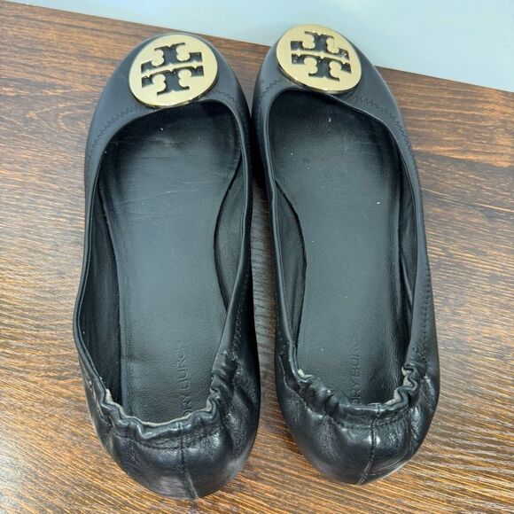Tory Burch perfect black nappa leather Minnie Travel Ballet w/metal gold logo fl - Picture 3 of 12